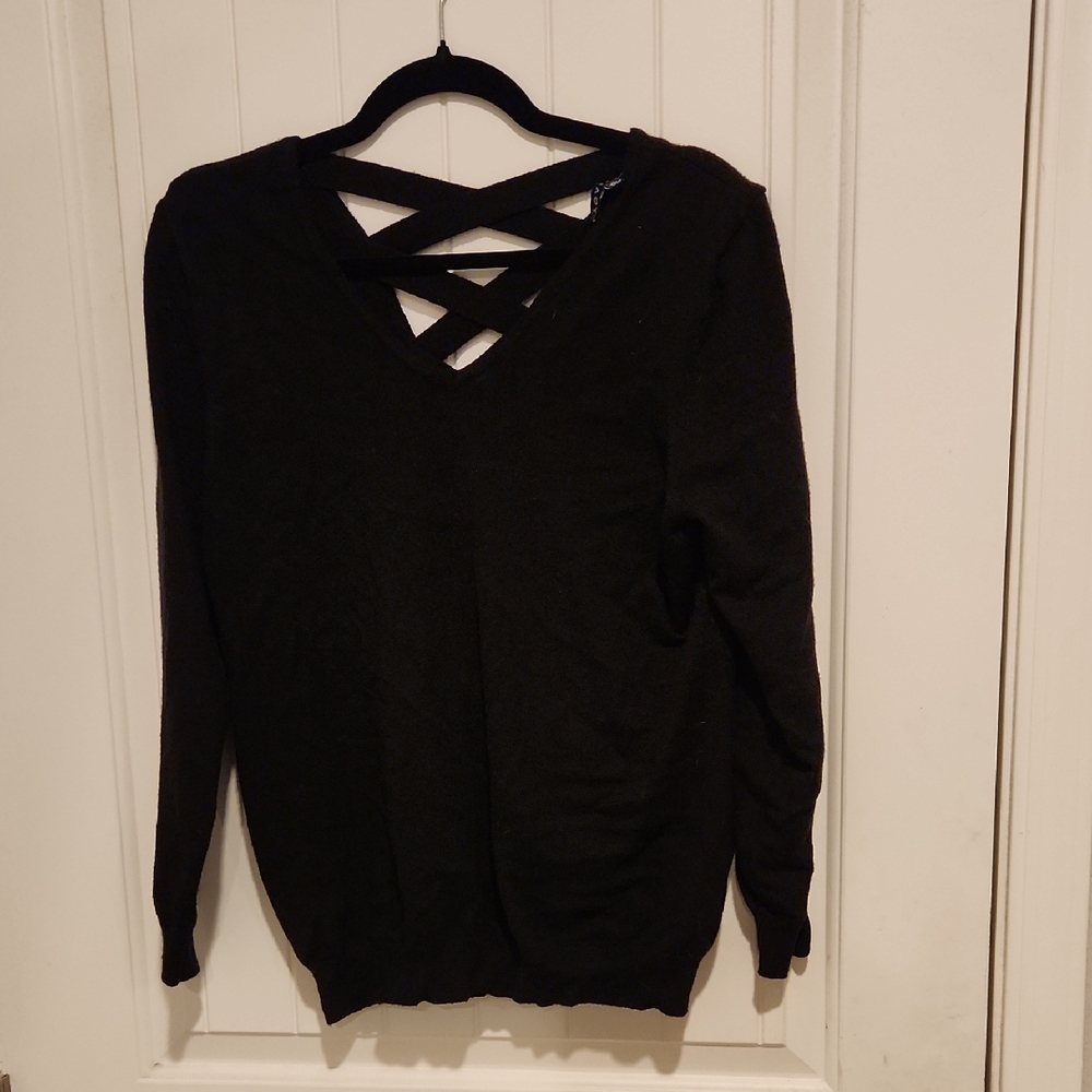 Black V-Neck Sweater with Crisscross Detail